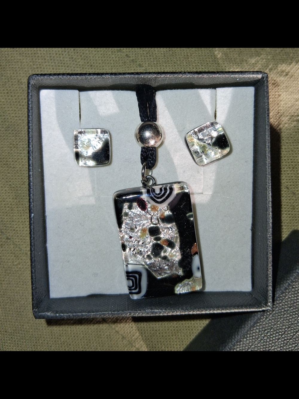 Murano Black and White Rectangular Glass Pendant Necklace with Matching Studs